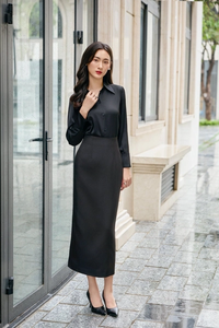 Jupe crayon longue taille haute élégante et minimaliste en coton uni pour femme, fabriquée au Vietnam KV17 - Product Image 3