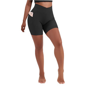 Shorts de yoga taille haute élastique pour femme, toutes tailles, OEM, couleur unie, compression, effet froncé fessier, contrôle du ventre, Spandex/Nylon - Product Image 5