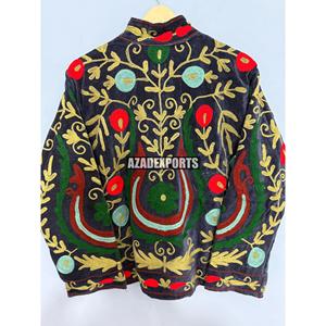 Hand Embroidered Velvet Bohemian <b>Jacket</b> <b>Mandarin</b> <b>Collar</b> Full Sleeve Floral Pattern Women's Winter Coat with Cotton Lining - Product Image 4