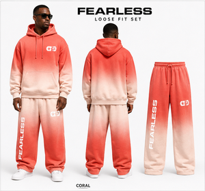 ชุดฮู้ดดี้และกางเกงทรงหลวม Fearless สีคอรัลไล่เฉด ชุดลำลองสำหรับผู้ชาย เนื้อผ้าเฟรนช์เทอร์รี่ ระบายอากาศได้ดี - Product Image 1