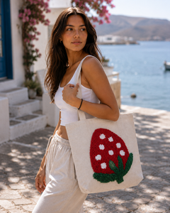 Sac fourre-tout en toile naturelle à motif fraise, sac à bandoulière portable pour femmes, pour le shopping - Product Image 4