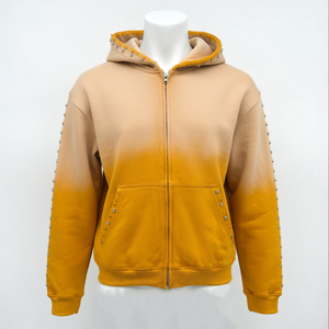 Sudadera con capucha amarilla ombré personalizada para hombre, con cremallera, mangas con tachuelas, estilo streetwear, algodón pesado, oversize, lavada, Y2K de lujo - Product Image 2