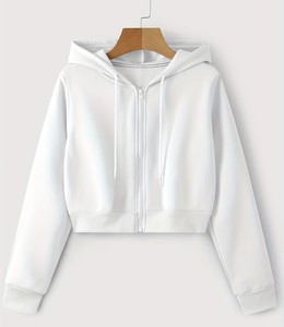 Sweat-shirt à capuche en polaire pour femme, style streetwear, coupe courte, manches longues, couleur unie, pour l'automne/hiver - Product Image 1