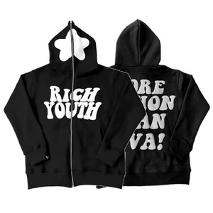 Sweat à capuche zippé noir Rich Youth pour homme, streetwear en coton French Terry, coupe classique, avec imprimé étoile et lettres blanches - Product Image 1