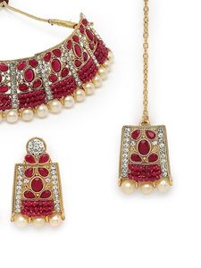 Parure de bijoux plaqué or en alliage de zinc avec zircon rouge, perles et motif floral pour femme, idéale pour mariage - Product Image 2