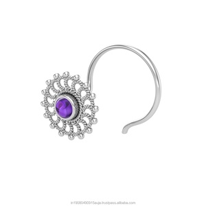 Piercing de nez ethnique en argent sterling 925 avec améthyste ronde sertie en clos, motif floral, pour femmes et jeunes filles, style indien - Product Image 3