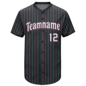 Custom Sublimated Mens <b>Baseball</b> Jersey Teamname 12 Striped Black Red Blue V-Neck Short Sleeve Breathable Full Button Regular Fit - Product Image 1