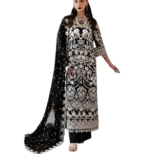 Black Embroidered Silk Salwar Kameez Set Floor-Length Traditional <b>Wedding</b> Wear for Women Loose Fit Ready-Made Party Dress - Product Image 1