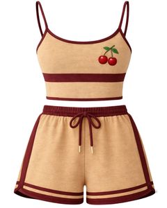 Beige Red Women Camisole And Shorts <b>Set</b> Summer Two Piece Outfit Cotton Blend Crop Top Cherry Print Drawstring Shorts Casual - Product Image 1