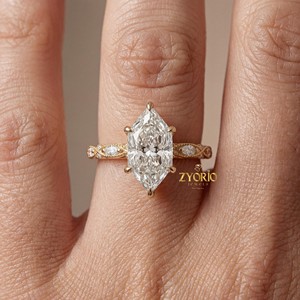 แหวนหมั้นเพชรทรงมาร์คีส์วินเทจ เพชรเลี้ยงในห้องปฏิบัติการ ทองคำแท้ 14K แหวนแต่งงานสำหรับผู้หญิง สไตล์โบราณ เครื่องประดับชั้นดีสำหรับงานปาร์ตี้ - Product Image 1