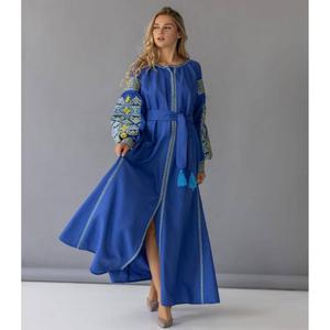 Vestido Boho Bordado de Ucrania para Mujer, Azul y Amarillo, Cintura Natural, Casual, 100% Algodón - Product Image 1