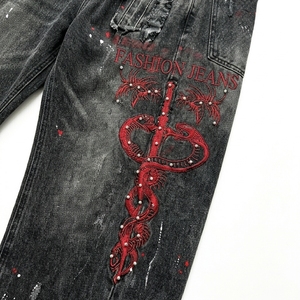 Pantalon en jean de luxe pour homme, style américain, orné de strass, tie-dye, coupe ample et large, style urbain - Product Image 6