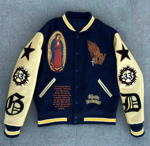 Chaqueta Varsity para Hombre, Bordado de la Virgen María en Chenille, Color Azul Marino, para Ropa Urbana, Lona Ecológica Impermeable, Personalizable OEM - Product Image 1