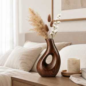 Modern Wooden Tabletop <b>Vase</b> with <b>Unique</b> Hole Design Entryway Teak Handmade Decorative <b>Vase</b> for Home Garden Dried Flowers Decor - Product Image 4