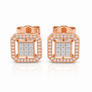 Pendientes de Diamantes con Corte Princesa en Oro Rosa, Diseño Geométrico de Halo, Joyería de Lujo para Uso Diario de Mujer - Product Image 4
