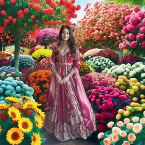 VISHNU K DESIGN - Conjunto de Lehenga y Dupatta de Terciopelo con Patrón Floral de Diseño Indio, Hombros Caídos, Bordado, para Bodas y Festivales - Product Image 1