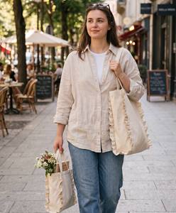 Sac fourre-tout en toile unie pour femme, avec volants, fermeture éclair, doublure en coton, couleur crème, ouverture supérieure, sac de plage et de shopping portable - Product Image 2