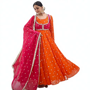 Traje ANARKALI con pantalón y dupatta de georgette sintético con bordado de hilo y lentejuelas - Product Image 1