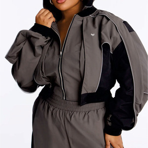 Women Cropped Nylon Windbreaker Tracksuit Set Lightweight Activewear <b>Jacket</b> High Waist Pants Custom OEM Bulk Hoodies Manufacture - Product Image 5