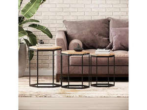 Juego de mesas de centro redondas modernas Tyria de madera de mango con patas de metal, muebles de sala de estar de 3 niveles - Product Image 3