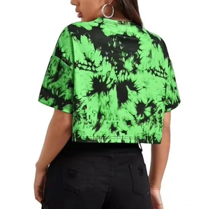 Wholesale Custom Made design Green <b>Tie</b> <b>Dye</b> Crop <b>Top</b> Cap Sleeve Crew Neck Loose Fit Knitted Casual T-Shirt Spring Summer Style - Product Image 2