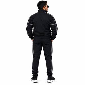 Survêtement zippé coupe-vent noir pour homme avec imprimé rayures blanches, col montant, logo frontal, coupe régulière, style sportif, idéal pour l'hiver - Product Image 2