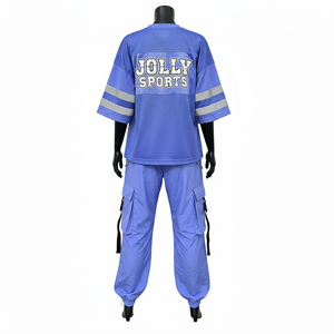 Conjunto de pantalón cargo de malla de poliéster de 160 GSM para mujer con logo serigrafiado en azul y pantalón de malla. Conjuntos de pantalón y jersey de malla para mujer. - Product Image 2