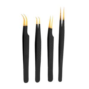 Juego de Pinzas para Extensión de Pestañas de Color Negro Personalizado, 4 Pinzas Profesionales de Acero Inoxidable con Puntas Doradas para Artistas de Pestañas - Product Image 1