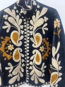 Luxury Black <b>Velvet</b> Floral Embroidered Suzani <b>Jacket</b> Full Sleeve Stand Collar Handmade Bohemian Style Winter <b>Jacket</b> - Product Image 1