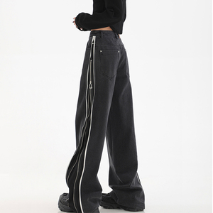 Pantalones vaqueros rectos de mezclilla estilo streetwear con múltiples bolsillos, pierna ancha, cintura alta, holgados, con cremallera, acampanados, vintage, para mujer, tipo cargo - Product Image 6