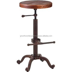 Vintage Wooden Seat Bar <b>Stool</b> Rustic Industrial Swivel <b>Stool</b> Adjustable Height Metal & Wood <b>Stool</b> Retro Workshop Style <b>Stool</b> - Product Image 1