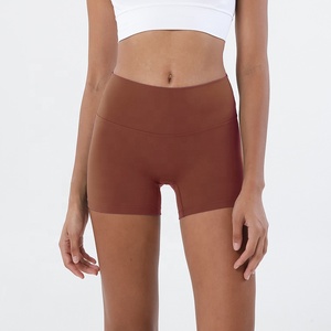 Shorts Femme Taille Haute Tricotés Rouge Uni Coupe Sportive Fermeture Élastique Respirant Moulant Polyester/Coton Effet Délavé Foncé - Product Image 4
