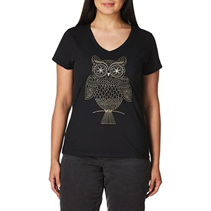 <b>Women</b> V-Neck T-<b>Shirt</b> <b>Black</b> Owl Print Casual Short Sleeve 100% Cotton Jersey Fit Regular Season All - Product Image 1