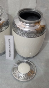 Elegant White Enamel Adult <b>Urn</b> - Handcrafted Detailed Engraving Cremation <b>Urns</b> - <b>Large</b> Metal Funeral Vessel for Bulk Purchase - Product Image 4