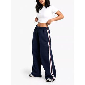 Pantalones Jogger Anchos Azul Marino para Mujer con Raya Lateral, Cintura Elástica, Corte Holgado Informal, Largos, 100% Algodón, para Primavera - Product Image 5