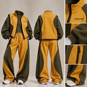 Women's Color Fleece Tracksuit Set <b>Zip</b> <b>Up</b> <b>Jacket</b> Wide Leg Jogger Pants Streetwear Casual Sportswear Custom Apparel - Product Image 3