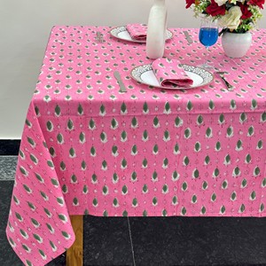 Pink Printed Cotton <b>Tablecloth</b> With Green Leaf Pattern Classic Style Home Use - Product Image 2
