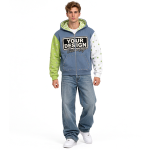 Custom Embroidered Colorblock Men's Distressed Heavyweight Zip Up <b>Hoodie</b> Cotton Streetwear Casual Urban Fashion Apparel - Product Image 5