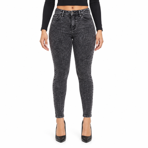 Jean en denim noir personnalisé, coupe crayon, taille mi-haute, décontracté, coupe skinny, effet délavé, grande taille pour femme - Product Image 1