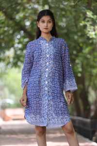 Robe courte imprimée à la main indienne pour femmes Robe d'été décontractée en coton Robe longue courte de style boho Tissu naturel à la taille - Product Image 4