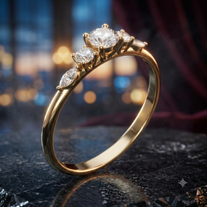 Bague de fiançailles en or jaune avec diamant taille ronde et pierres latérales marquise pour femme, bijoux fins - Product Image 1