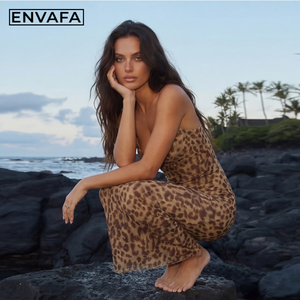 Custom ENVAFA Floor-Length <b>Leopard</b> <b>Print</b> Summer Sexy V-Neck <b>Bodycon</b> Backless Club <b>Dress</b> for Women - Product Image 5