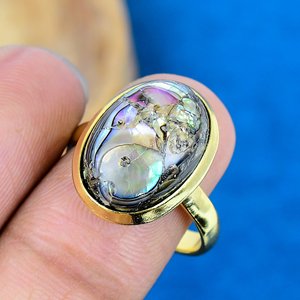 Natural <b>Abalone</b> <b>Shell</b> Oval Cab Gemstone 18k Gold Plated Bezel Handmade Fusion Ring For Women - Product Image 1