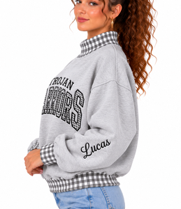 Women’s Custom Gingham <b>Mock</b> Neck Sweatshirt 100% Cotton Fleece Boxy Fit Oversized Pullover OEM Private Label Streetwear - Product Image 6