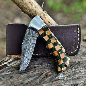 Nordic Forge Damascus Steel Folding <b>Knife</b> Back <b>Lock</b> Olive & Pakka wood Handle Sheath Pocket EDC Camping Hunting <b>Knife</b> - Product Image 3