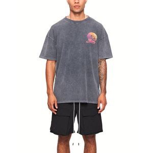 เสื้อยืดคอตตอนทรงโอเวอร์ไซส์สำหรับผู้ชาย สไตล์วินเทจ ล้างสีแบบแอซิดวอช พร้อมโลโก้ด้านหน้าแบบสั่งทำพิเศษ ดีไซน์ทรงบ็อกซี่ สตรีทแวร์สีซีด - Product Image 1