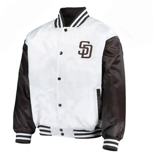 Custom <b>White</b> Satin Varsity <b>Jacket</b> <b>Men</b> Brown Contrast Sleeve Bomber <b>Jacket</b> Wholesale Letterman Baseball Uniform - Product Image 1