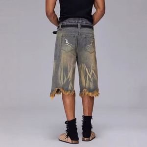 <b>Mens</b> Vintage Grunge Denim Jorts Medium Blue Yellow Mud Dyed Overdyed Baggy Oversized Fit Frayed Raw Hem Streetwear Apparel - Product Image 2