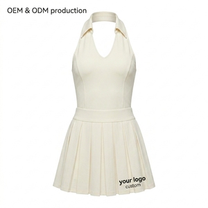 Robe athlétique pour femme, col halter, dos et côtés ouverts, découpe au niveau du ventre, jupe plissée, respirante, séchage rapide, tenue de sport. - Product Image 3