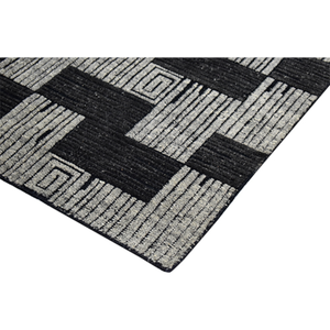 Tapis d'intérieur en laine tissé à la main noir et crème, motif géométrique, style kilim, à poils ras, motif architectural côtelé moderne - Product Image 3
